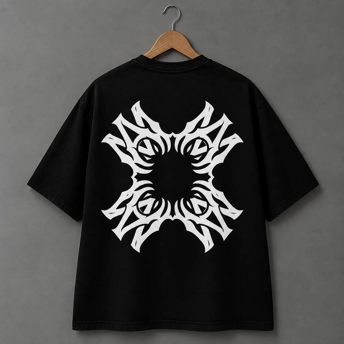 Black T-Shirt with Bold Tribal Emblem